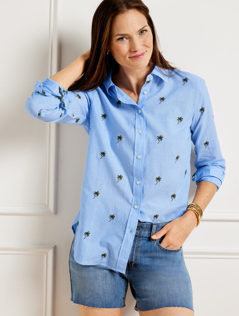 New Talbots Modern Classic Shirt Blue Palm Tree Embroidered Long Sleeve Sz 3XP